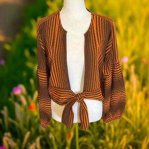 August brown orange tie shrug bolero jacket size Small Medium long puff sleeves